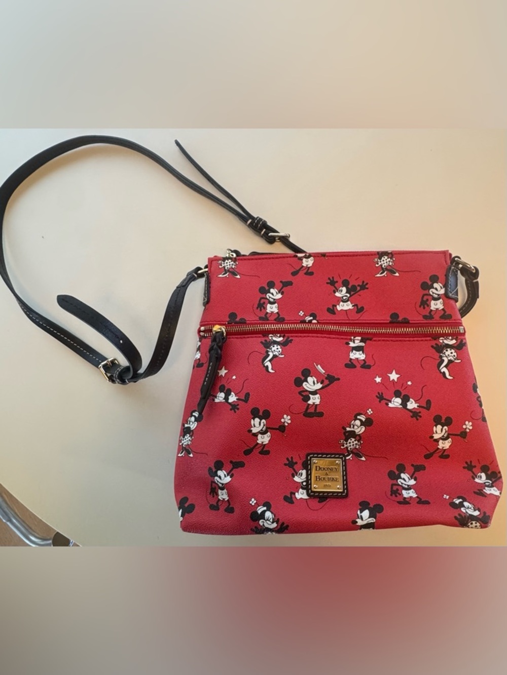 Dooney & Bourke Red Vintage Mickey Mouse Print Crossbody with Black Strap